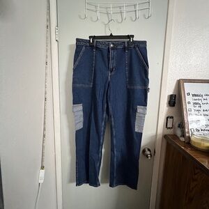 Blue Denim Cargo Pants with Gray Pockets